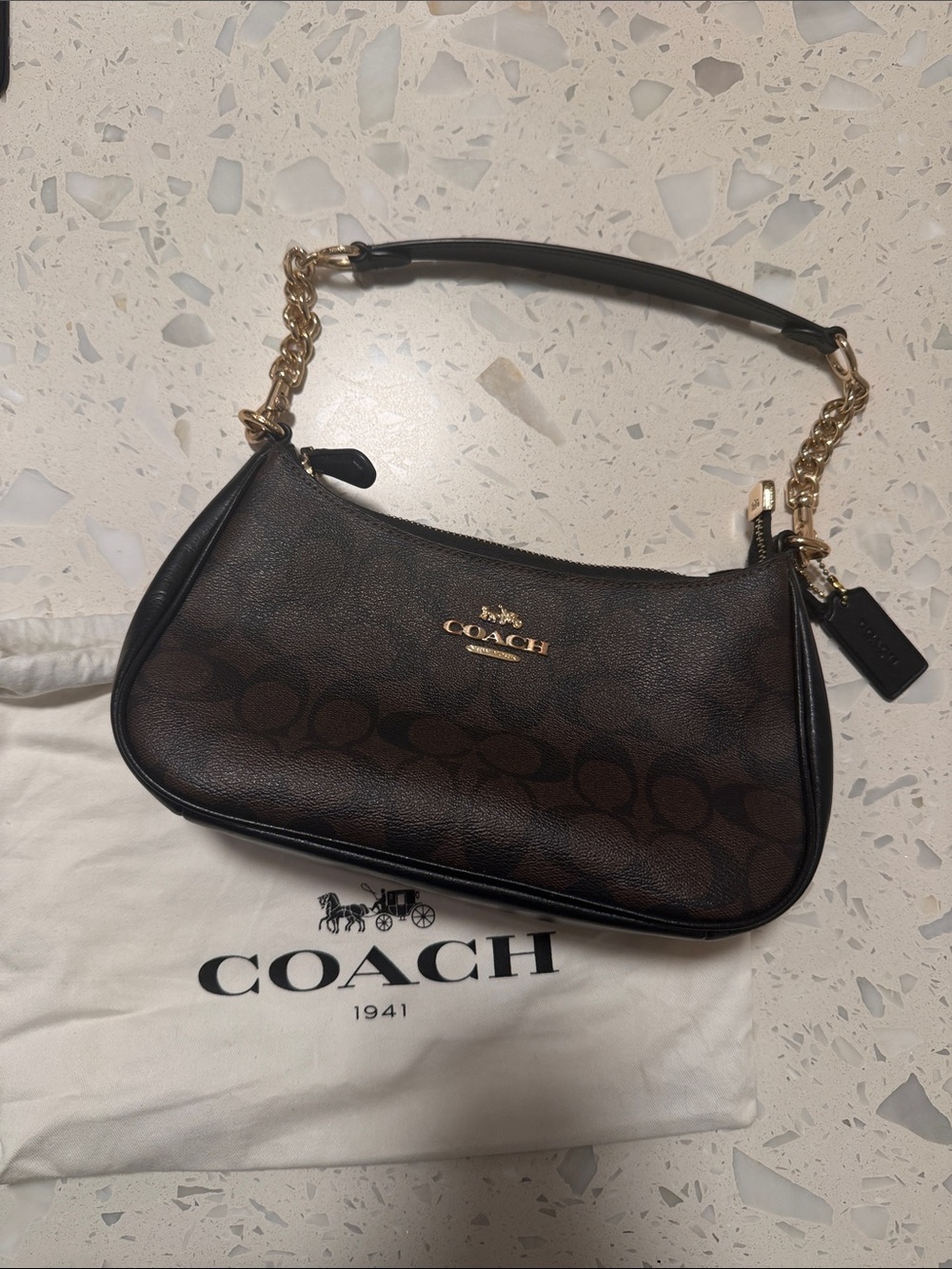 Coach Dark Brown Signature Canvas Shoulder Bag with Gold Hardware